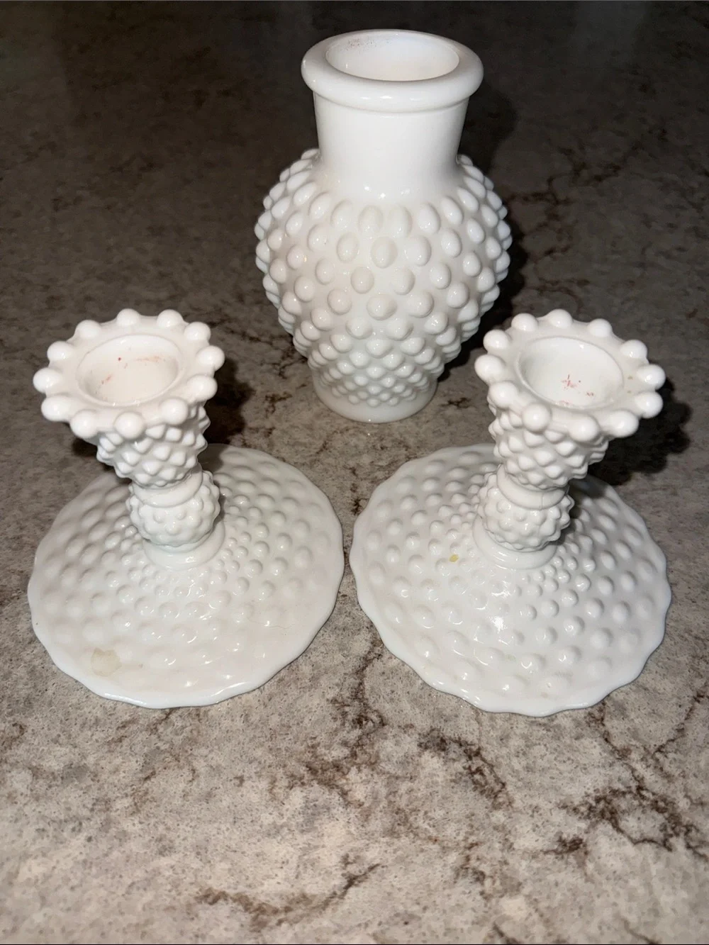 Vintage Hobnail Milk Glass Candle Stick Holders and bud vase White Read Descript